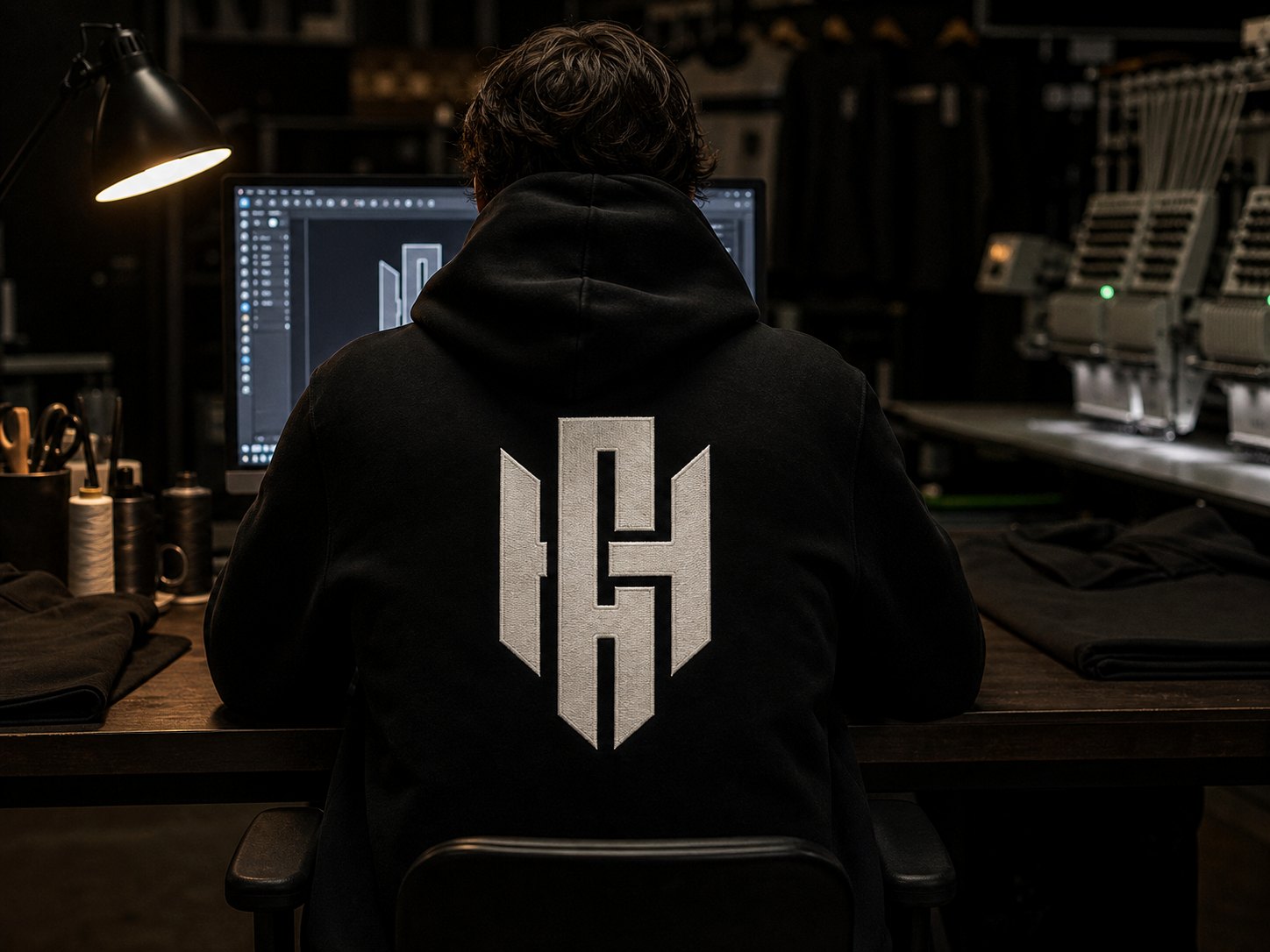 A black Hayes hoodie with the monogram across the back, worn at a studio desk with embroidery machines beyond