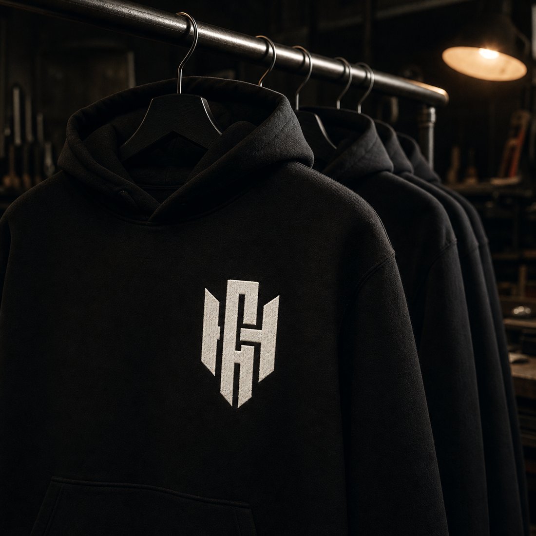 Matte black hoodies on a steel rail, the nearest carrying the Hayes monogram